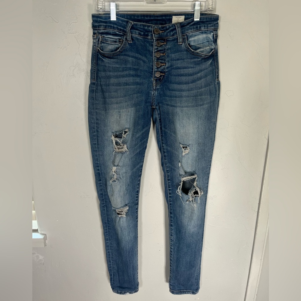 Bridge By Gly Distressed Blue Mid Rise Button-Fly‎ Skinny Stretchy Jeans Size 29